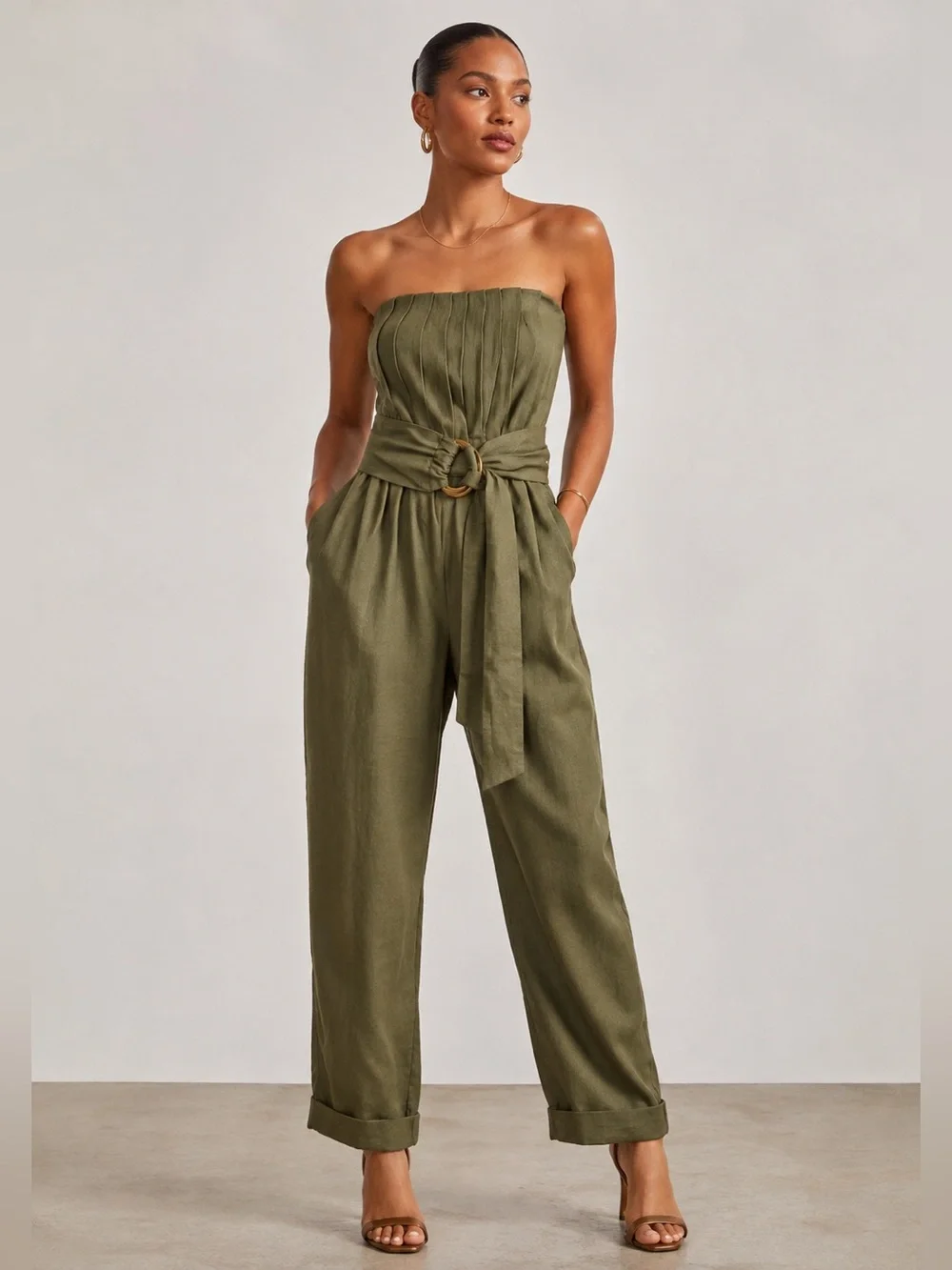 NWT Zara Olive Green Linen Blend Strapless Jumpsuit Belted Cuffed Hem Small
